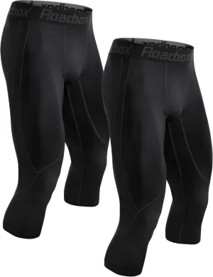 Roadbox 2 Pack Men's 3/4 Compression Pants, Athletic Basketball Workout Tights Leggings, Sport Running Spandex Base Layer
