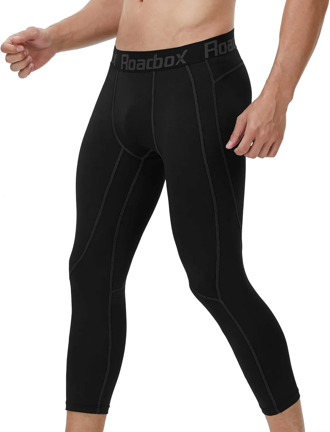 Roadbox 2 Pack Men's 3/4 Compression Pants, Athletic Basketball Workout Tights Leggings, Sport Running Spandex Base Layer
