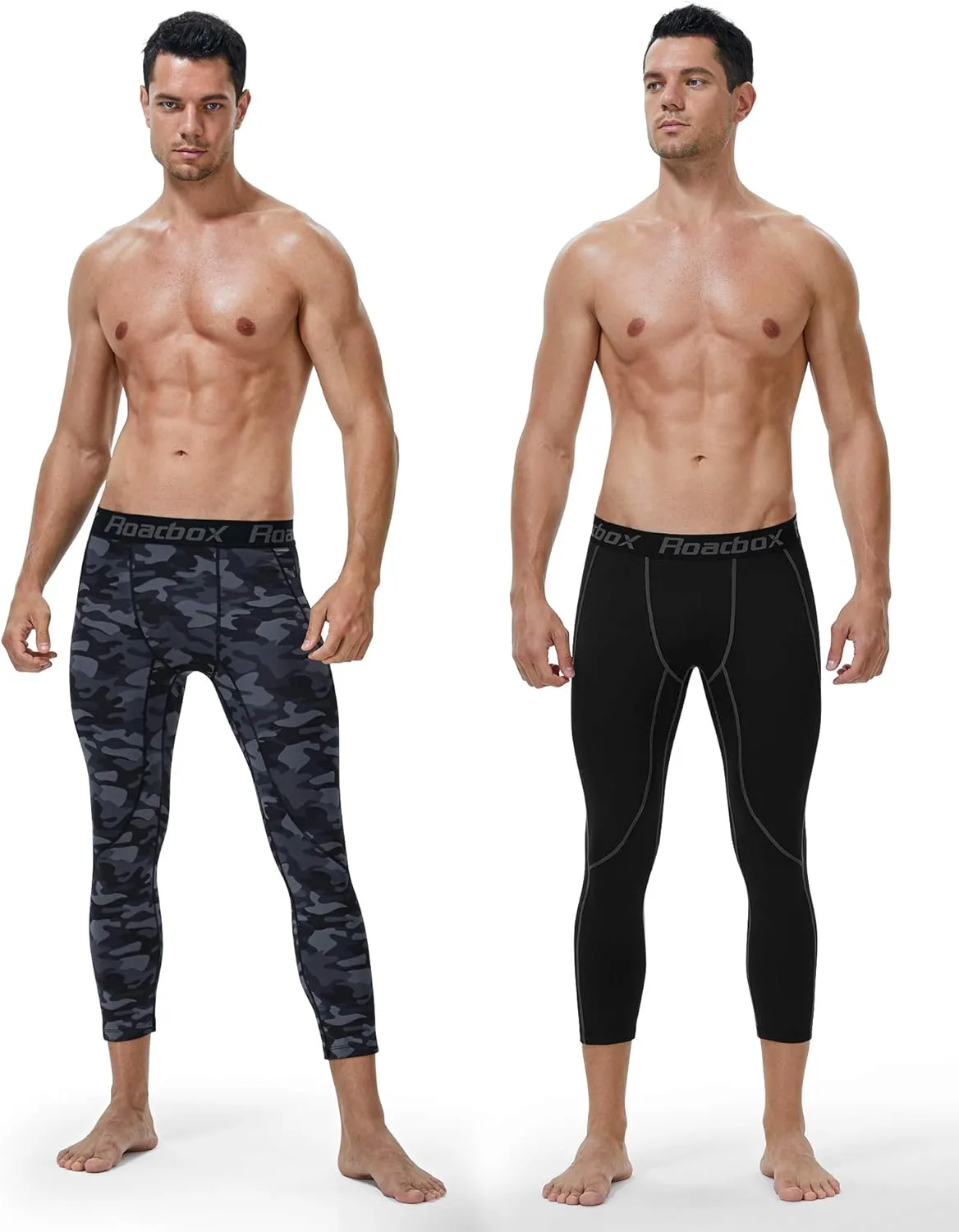Roadbox 2 Pack Men's 3/4 Compression Pants, Athletic Basketball Workout Tights Leggings, Sport Running Spandex Base Layer
