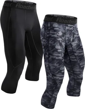 Roadbox 2 Pack Men's 3/4 Compression Pants, Athletic Basketball Workout Tights Leggings, Sport Running Spandex Base Layer