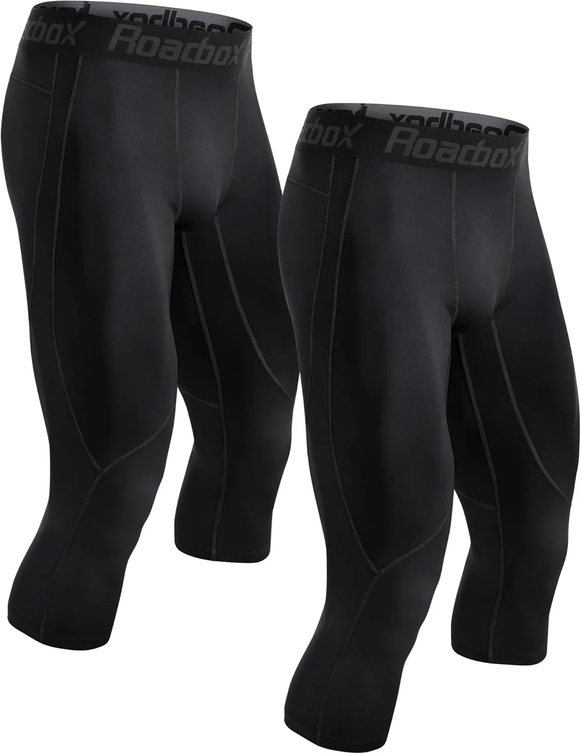 Roadbox 2 Pack Men's 3/4 Compression Pants, Athletic Basketball Workout Tights Leggings, Sport Running Spandex Base Layer