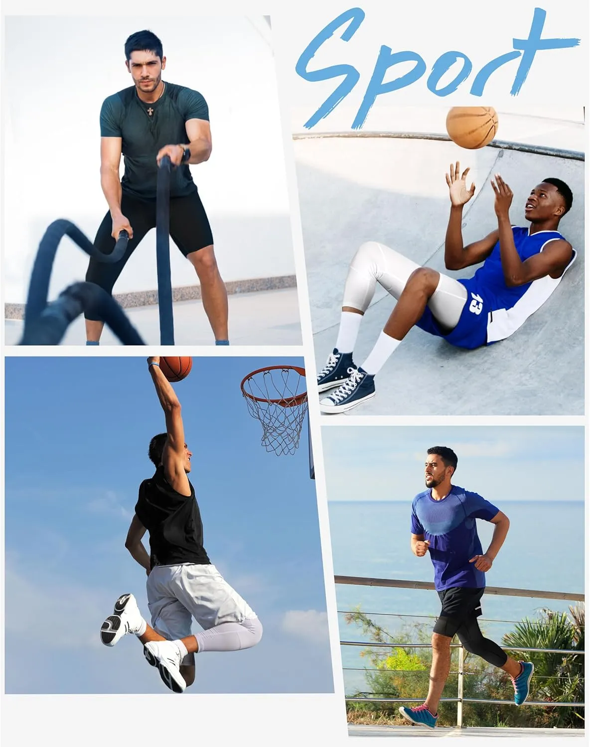 Roadbox Men's Basketball One Leg Tights, 1/2 Single Leg Compression Pants Sports Base Layer Leggings Underwear with Pockets
