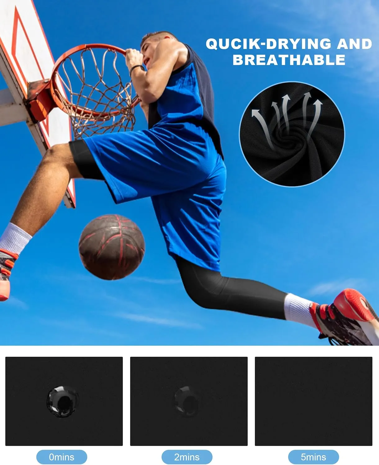 Roadbox Men's Basketball One Leg Tights, 1/2 Single Leg Compression Pants Sports Base Layer Leggings Underwear with Pockets