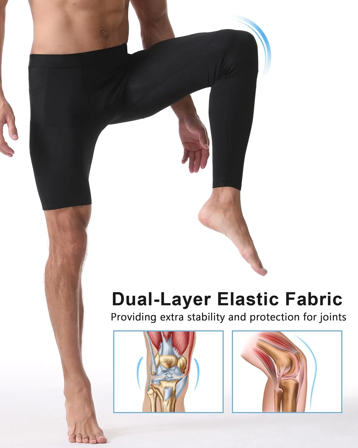 Roadbox Men's Basketball One Leg Tights, 1/2 Single Leg Compression Pants Sports Base Layer Leggings Underwear with Pockets