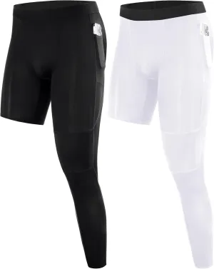 Roadbox Men's Basketball One Leg Tights, 1/2 Single Leg Compression Pants Sports Base Layer Leggings Underwear with Pockets