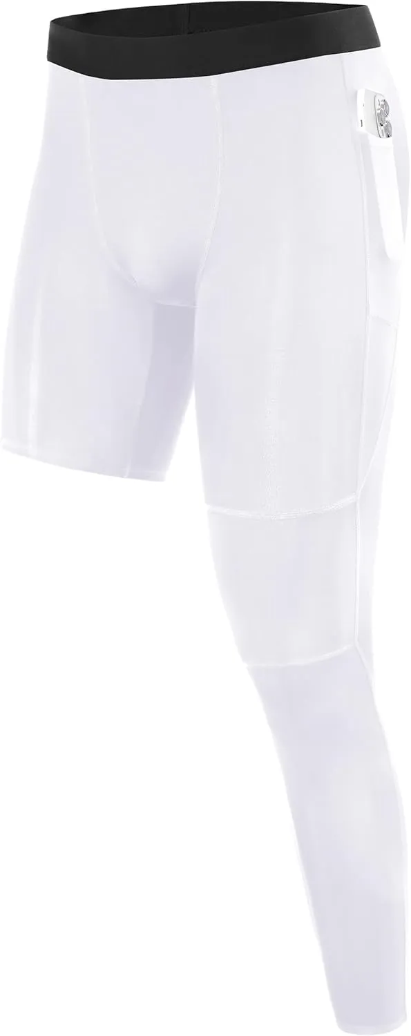 Roadbox Men's Basketball One Leg Tights, 1/2 Single Leg Compression Pants Sports Base Layer Leggings Underwear with Pockets