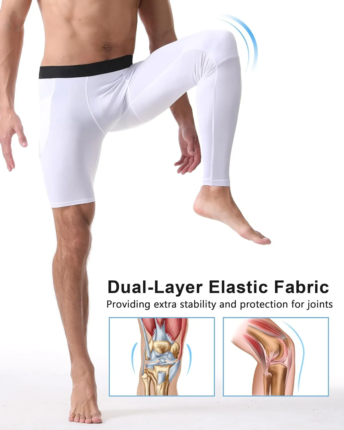 Roadbox Men's Basketball One Leg Tights, 1/2 Single Leg Compression Pants Sports Base Layer Leggings Underwear with Pockets