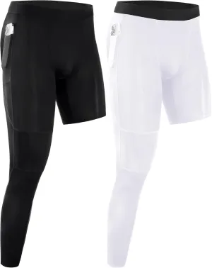 Roadbox Men's Basketball One Leg Tights, 1/2 Single Leg Compression Pants Sports Base Layer Leggings Underwear with Pockets