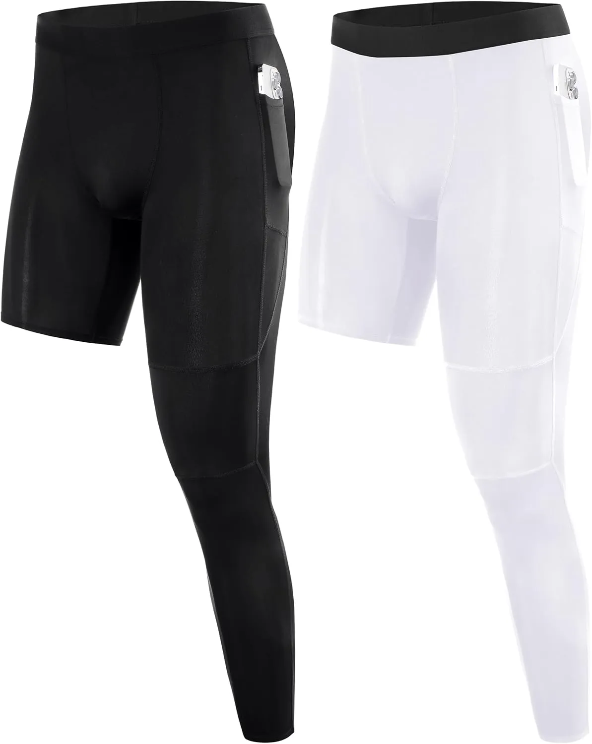 Roadbox Men's Basketball One Leg Tights, 1/2 Single Leg Compression Pants Sports Base Layer Leggings Underwear with Pockets
