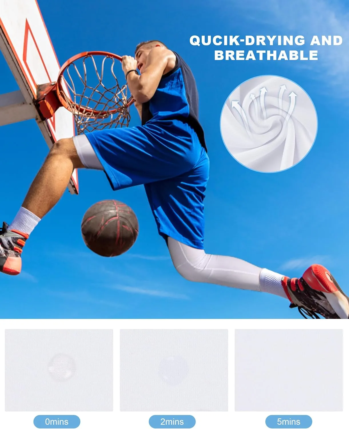 Roadbox Men's Basketball One Leg Tights, 1/2 Single Leg Compression Pants Sports Base Layer Leggings Underwear with Pockets