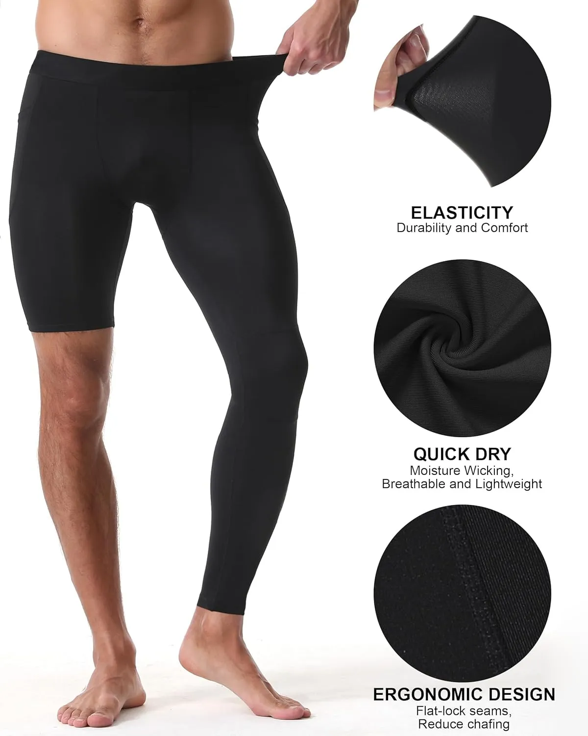 Roadbox Men's Basketball One Leg Tights, 1/2 Single Leg Compression Pants Sports Base Layer Leggings Underwear with Pockets