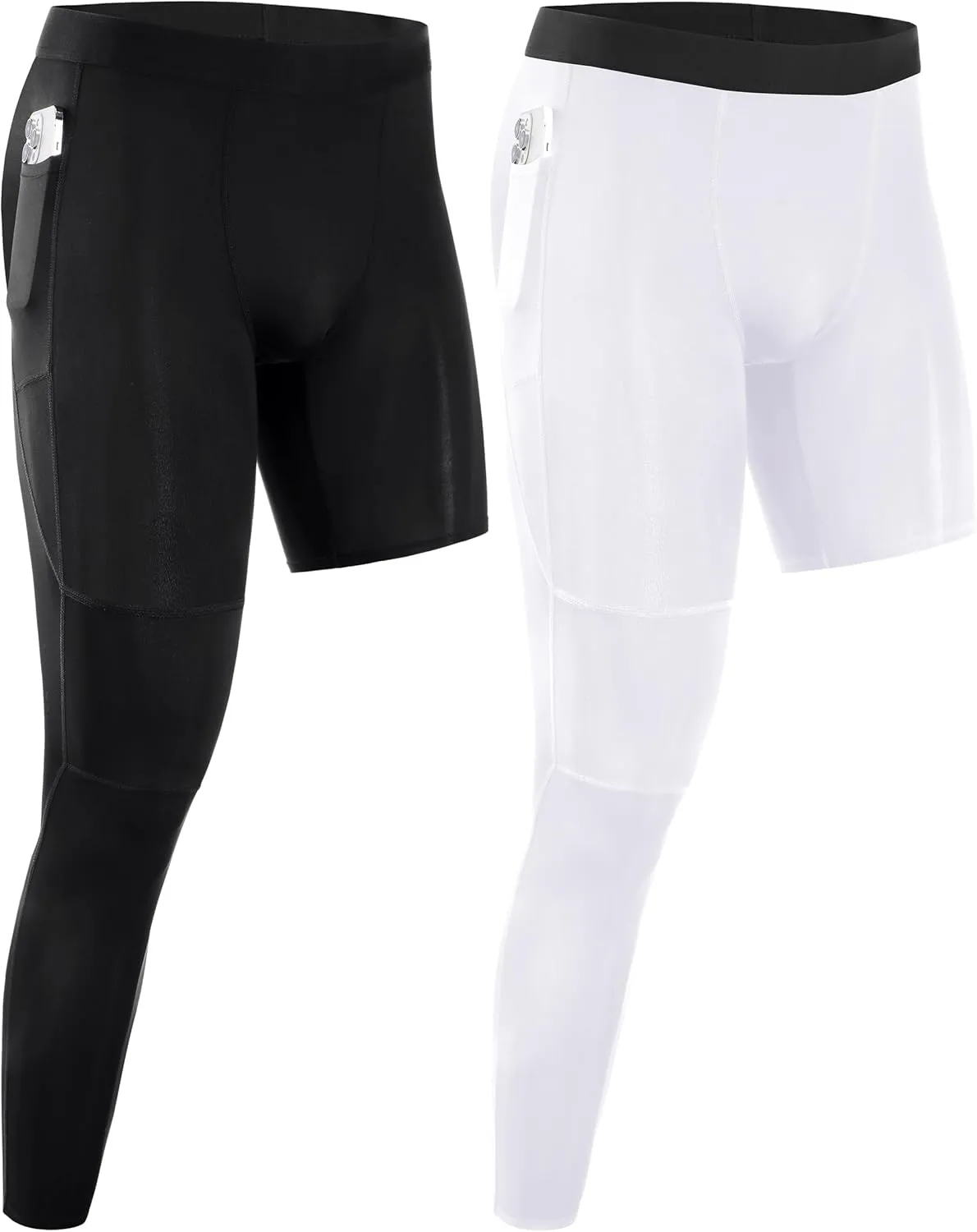 Roadbox Men's Basketball One Leg Tights, 1/2 Single Leg Compression Pants Sports Base Layer Leggings Underwear with Pockets