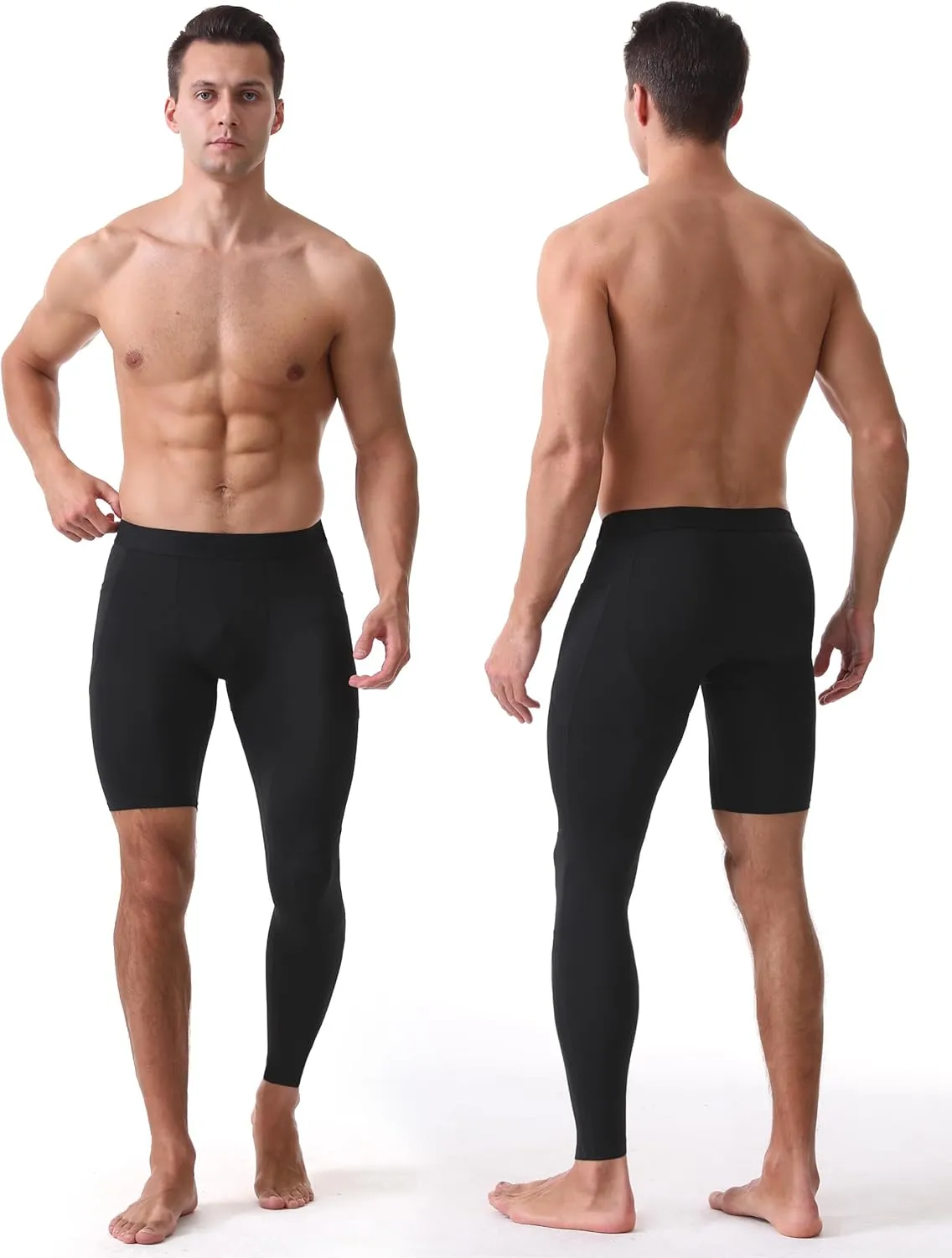 Roadbox Men's Basketball One Leg Tights, 1/2 Single Leg Compression Pants Sports Base Layer Leggings Underwear with Pockets