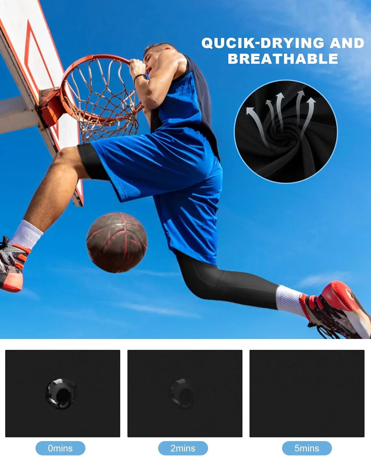 Roadbox Men's Basketball One Leg Tights, 1/2 Single Leg Compression Pants Sports Base Layer Leggings Underwear with Pockets