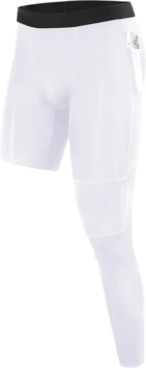 Roadbox Men's Basketball One Leg Tights, 1/2 Single Leg Compression Pants Sports Base Layer Leggings Underwear with Pockets