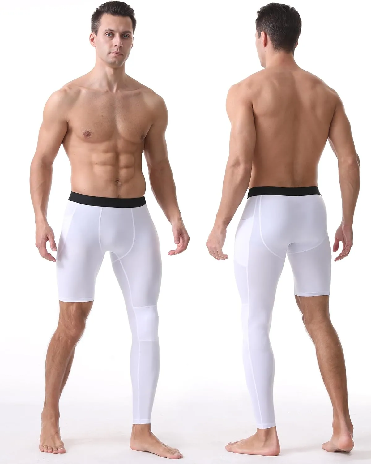 Roadbox Men's Basketball One Leg Tights, 1/2 Single Leg Compression Pants Sports Base Layer Leggings Underwear with Pockets