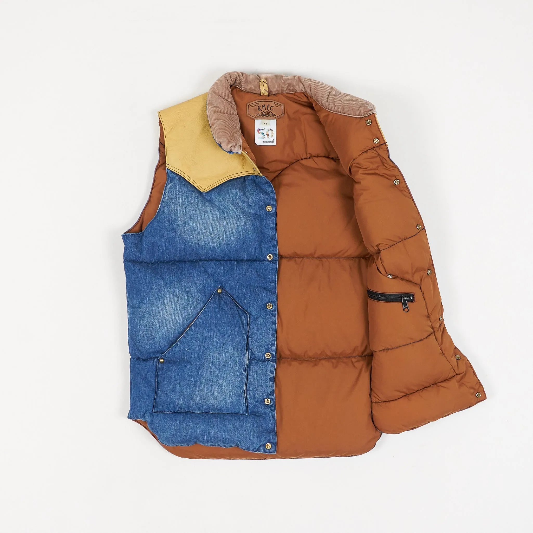 Rocky Mountain Featherbed Down Vest With Full Grin Leather Yoke and Corduroy Collar