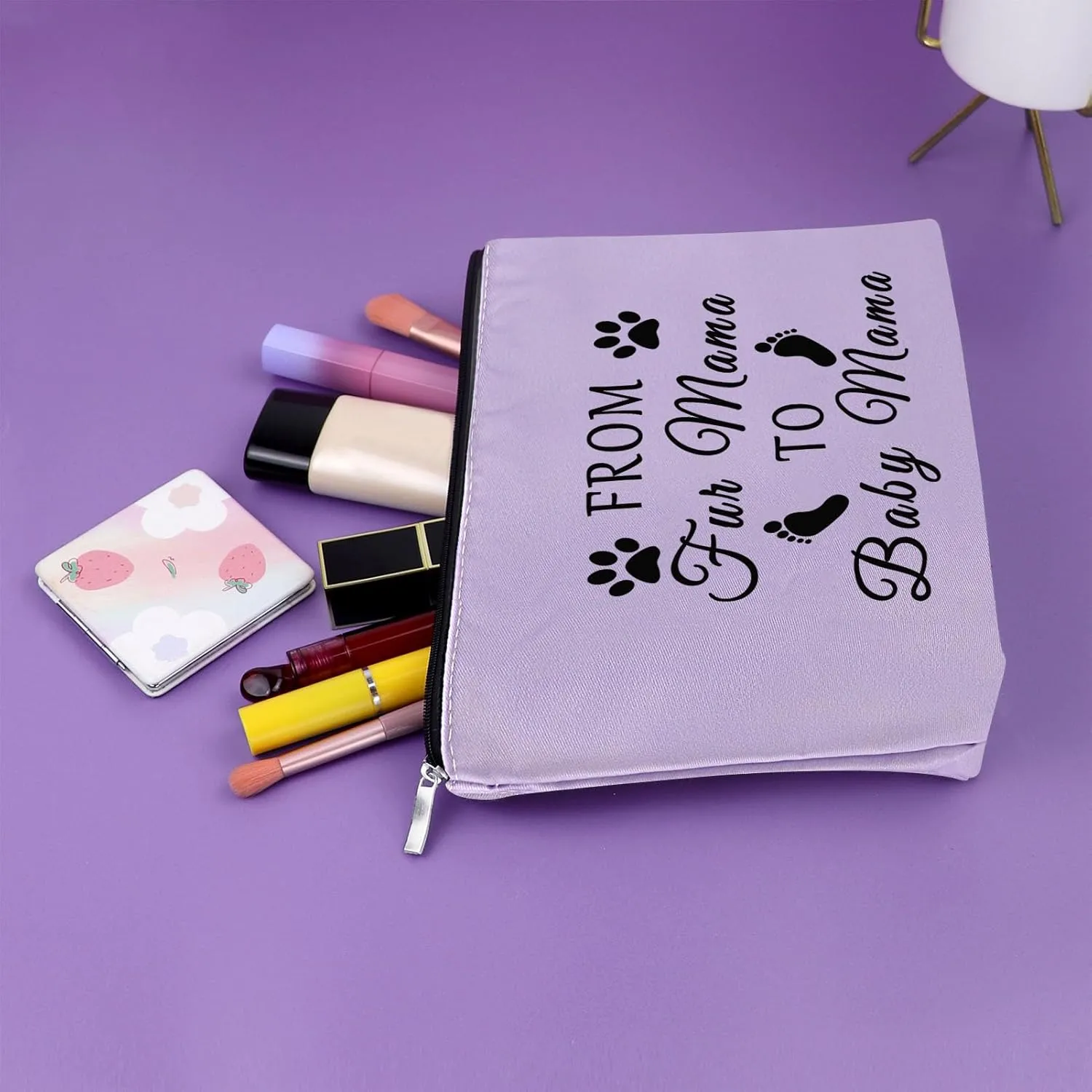 Sazuwu Purple Makeup Bag - Travel & Daily Use Cosmetic Case - Women's New Mom Gifts, Baby Shower, Pregnancy Announcement, Mother's Day, Purple