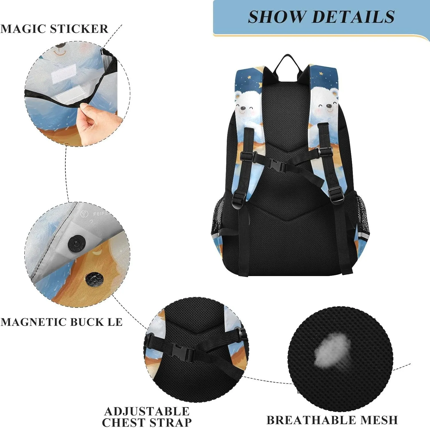 senya School Backpack Kids College Rucksack Travel Bookbag Fashion Back Pack Girls Boys Bear Lies Moon