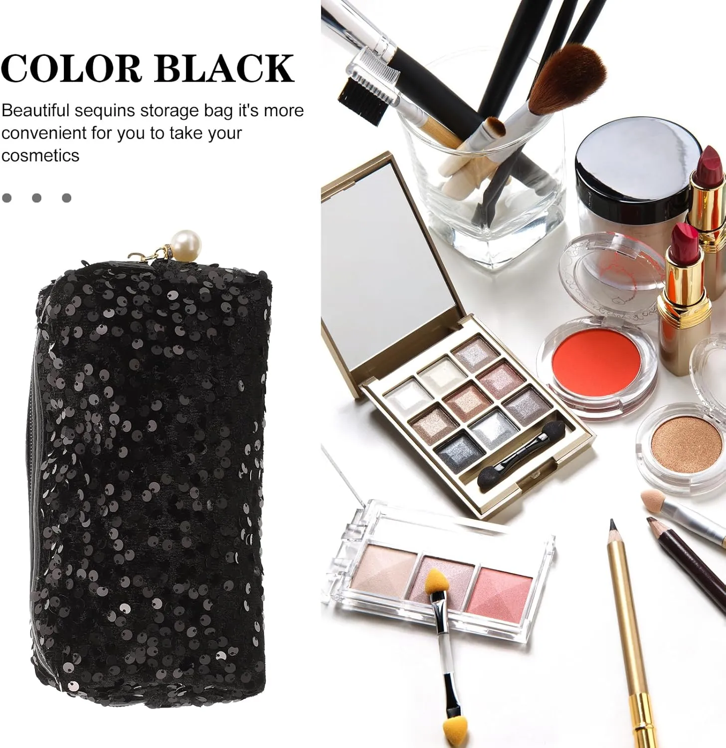 Sequin Cosmetic Bag Portable Glitter Makeup Zipper Bag Toiletry Bag Sequin Organizer Bag for Women Girls Travel Daily Use (Black)
