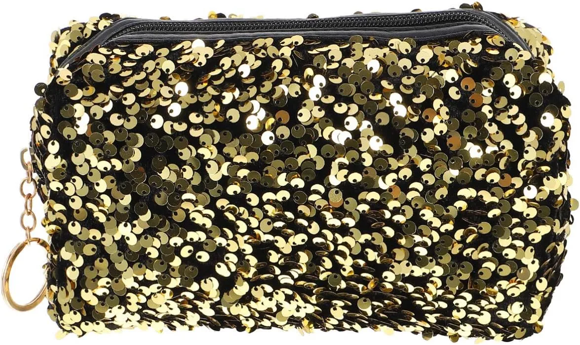 Sequin Cosmetic Bag Portable Glitter Makeup Zipper Bag Toiletry Bag Sequin Organizer Bag for Women Girls Travel Daily Use (Black)