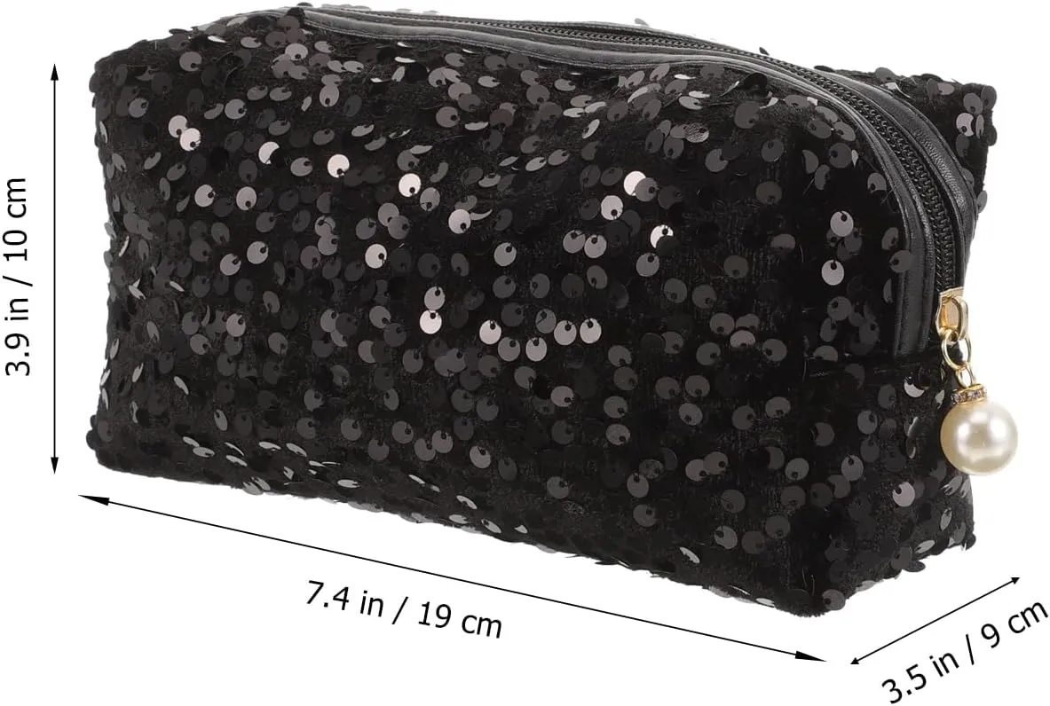 Sequin Cosmetic Bag Portable Glitter Makeup Zipper Bag Toiletry Bag Sequin Organizer Bag for Women Girls Travel Daily Use (Black)
