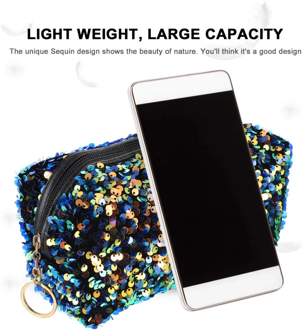 Sequin Cosmetic Bag Portable Glitter Makeup Zipper Bag Toiletry Bag Sequin Organizer Bag for Women Girls Travel Daily Use (Black)