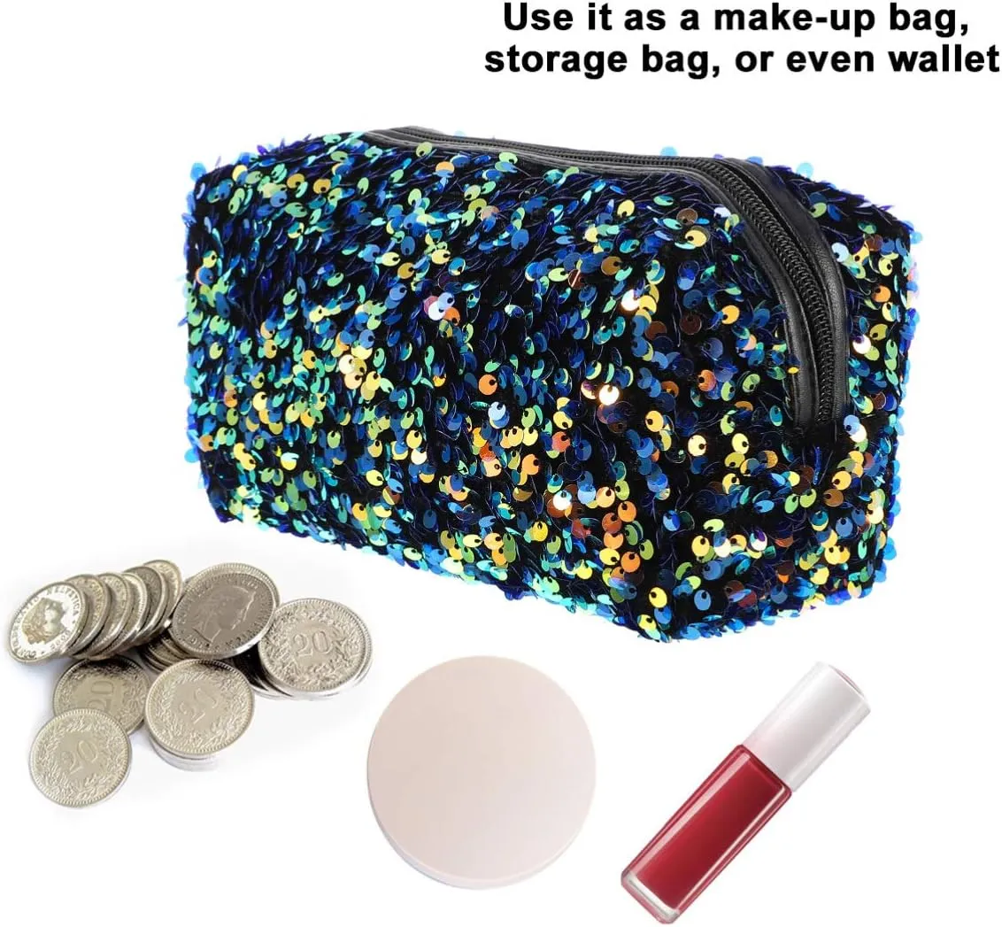 Sequin Cosmetic Bag Portable Glitter Makeup Zipper Bag Toiletry Bag Sequin Organizer Bag for Women Girls Travel Daily Use (Black)