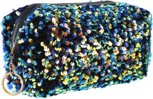 Sequin Cosmetic Bag Portable Glitter Makeup Zipper Bag Toiletry Bag Sequin Organizer Bag for Women Girls Travel Daily Use (Black)