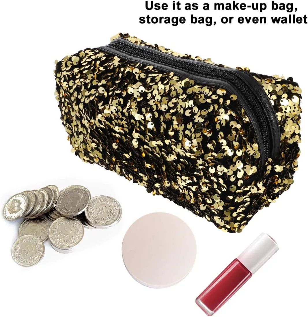 Sequin Cosmetic Bag Portable Glitter Makeup Zipper Bag Toiletry Bag Sequin Organizer Bag for Women Girls Travel Daily Use (Black)