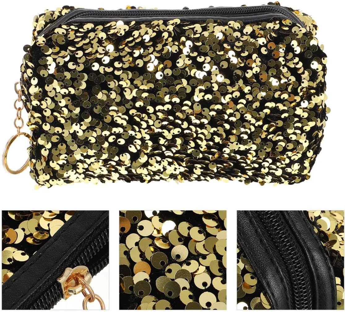 Sequin Cosmetic Bag Portable Glitter Makeup Zipper Bag Toiletry Bag Sequin Organizer Bag for Women Girls Travel Daily Use (Black)