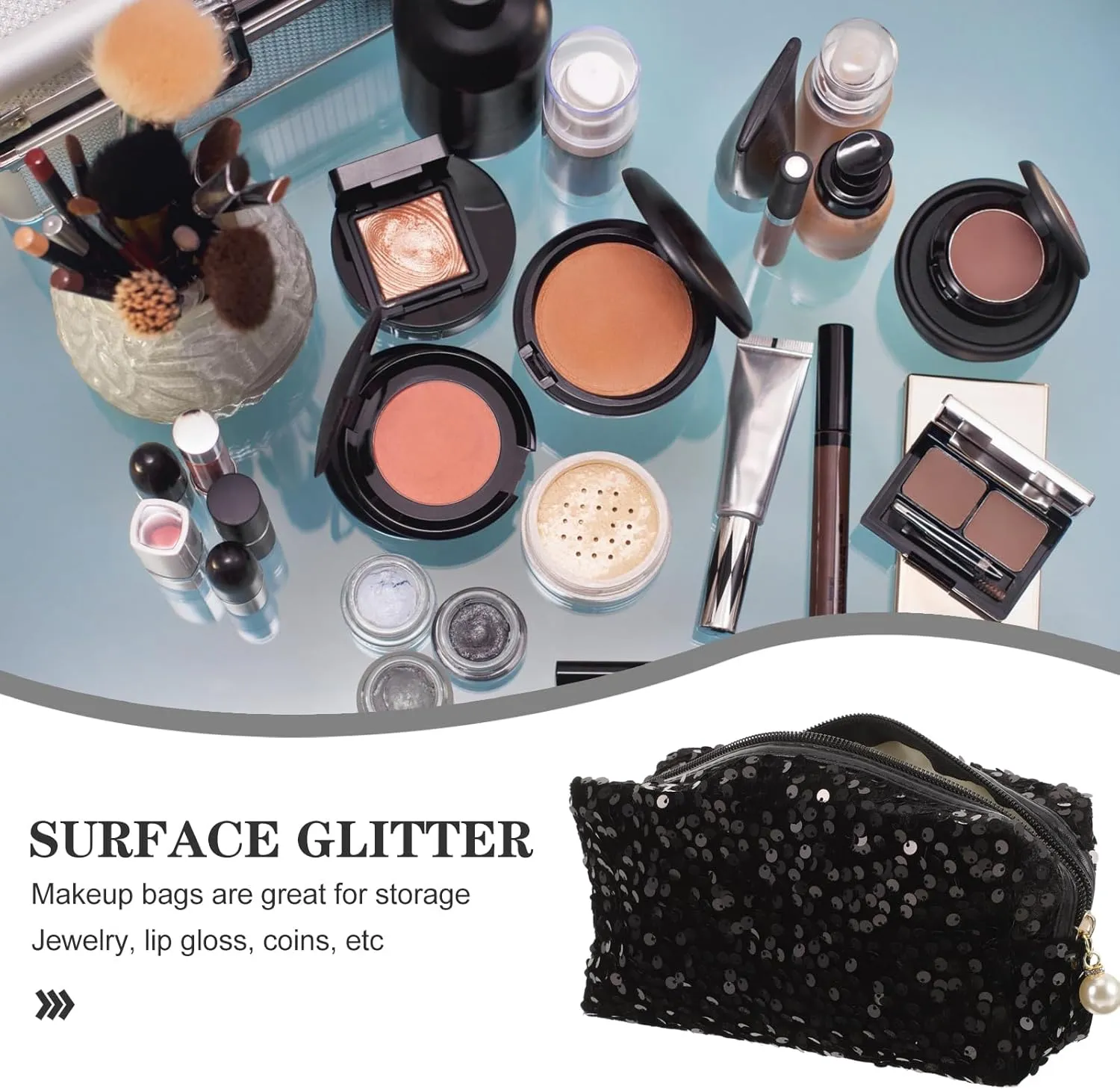 Sequin Cosmetic Bag Portable Glitter Makeup Zipper Bag Toiletry Bag Sequin Organizer Bag for Women Girls Travel Daily Use (Black)