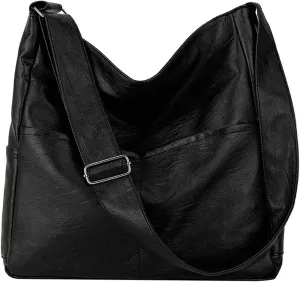 Shoulder Bag Large PU Leather Women Casual Hobo Shoulder Bag Stylish Vegan Leather Crossbody Handbag for Daily Use(Black)