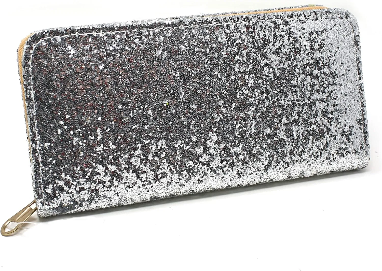 Silver Glitter Wallet Clutch - Evening, Party, Club - 8"x4", Zipper, 3 Sections