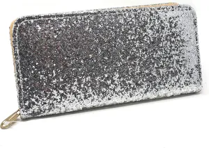 Silver Glitter Wallet Clutch - Evening, Party, Club - 8"x4", Zipper, 3 Sections