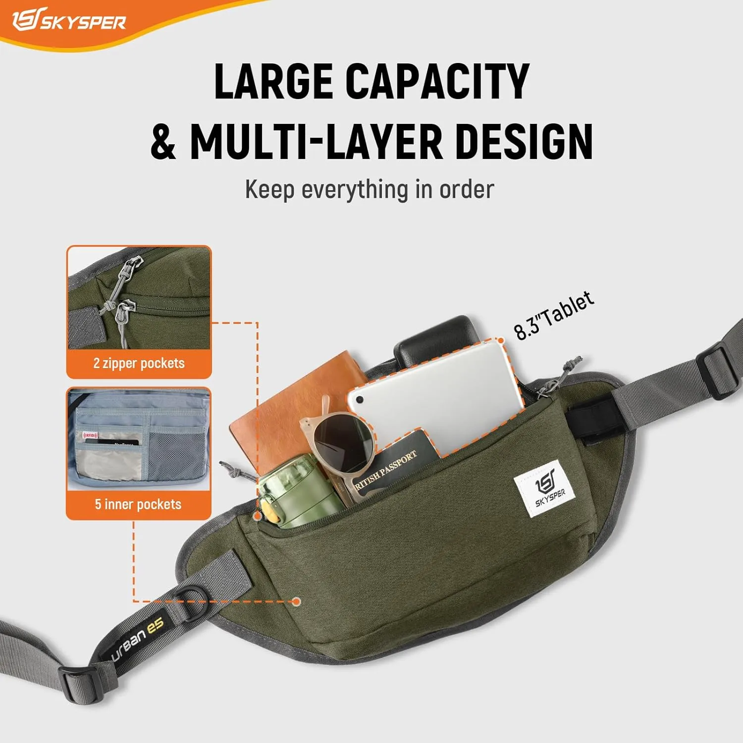 SKYSPER Sling Bag for Men, Anti Theft Crossbody Bag RFID Sling Backpack Mens Fanny Pack for Hiking Travel Gym Daily Use