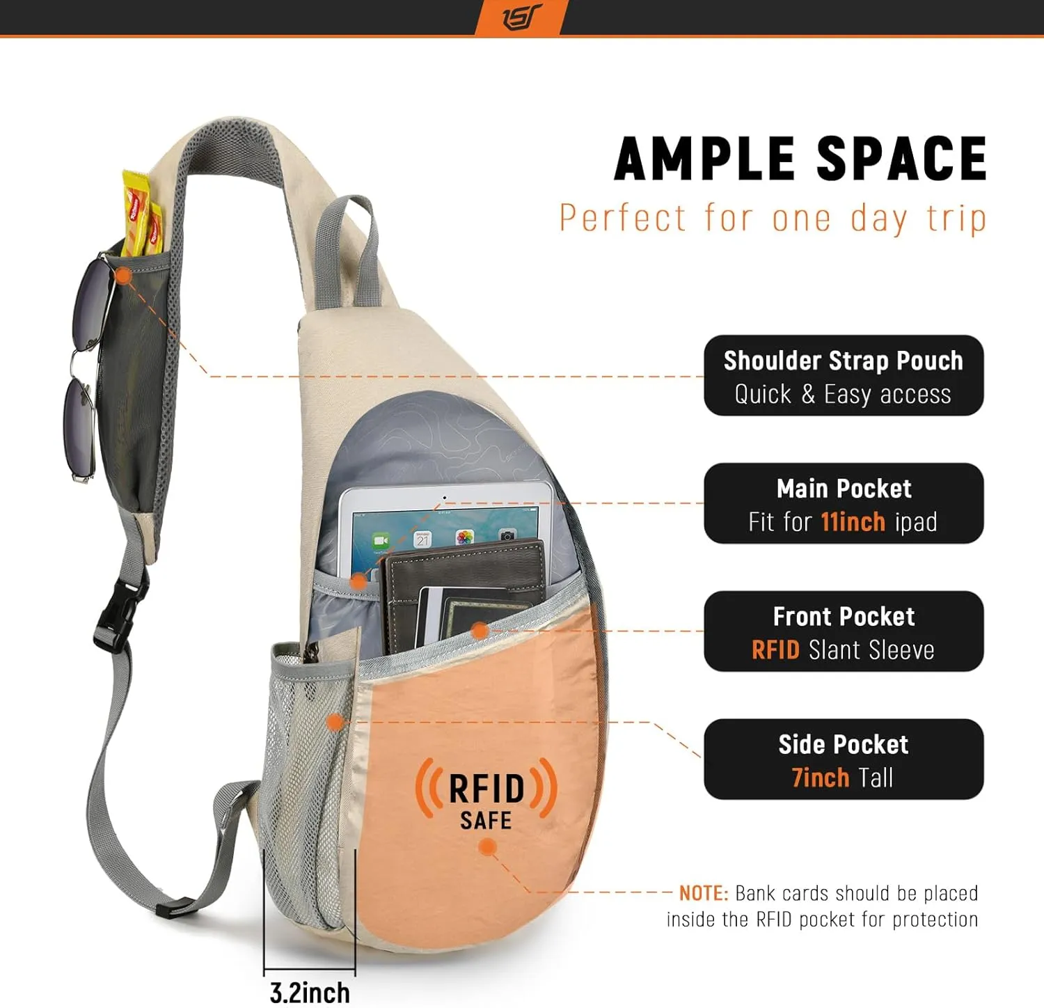SKYSPER Sling Bag RFID Crossbody Sling Backpack Cross Body Shoulder Travel Bag Hiking Daypack for Women Men(Beige)