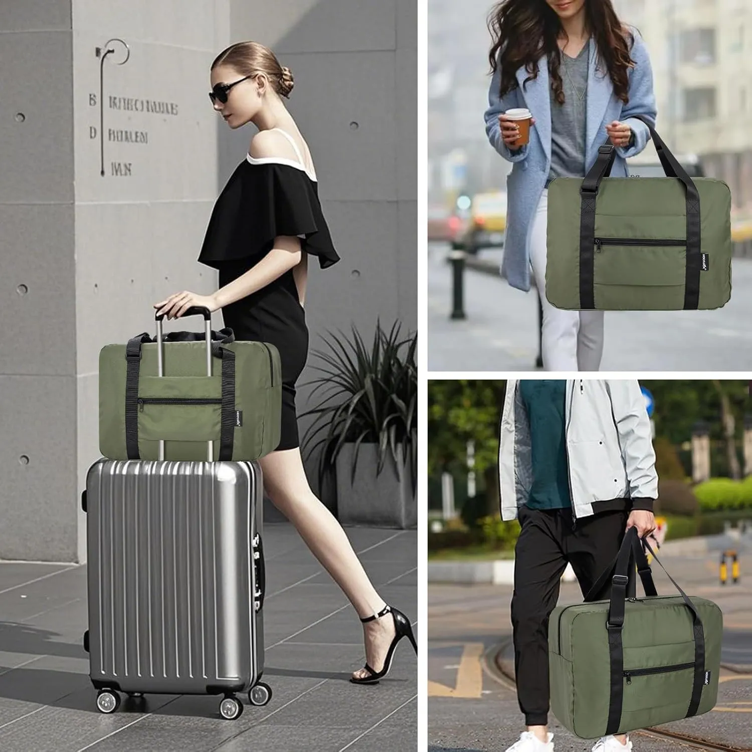 Small Duffle Bag for Men Women, Mini Gym Bag Foldable Travel Tote Carry On Luggage with Trolley Sleeve, Army Green