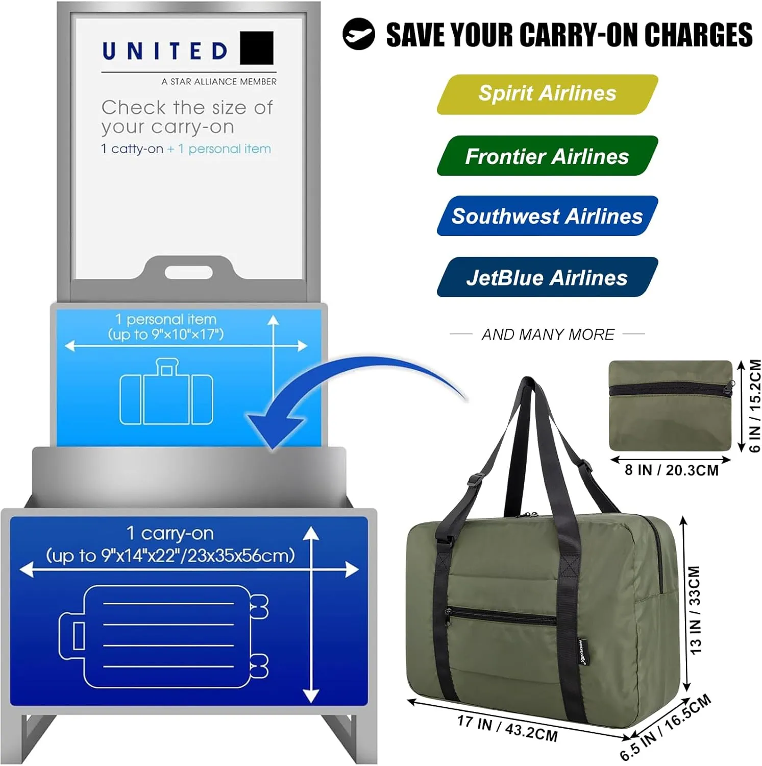 Small Duffle Bag for Men Women, Mini Gym Bag Foldable Travel Tote Carry On Luggage with Trolley Sleeve, Army Green