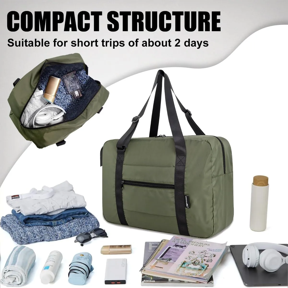 Small Duffle Bag for Men Women, Mini Gym Bag Foldable Travel Tote Carry On Luggage with Trolley Sleeve, Army Green