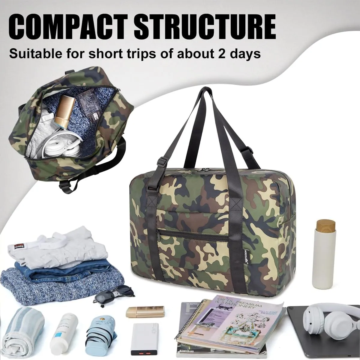 Small Duffle Bag for Men Women, Mini Gym Bag Foldable Travel Tote Carry On Luggage with Trolley Sleeve, Green Camo