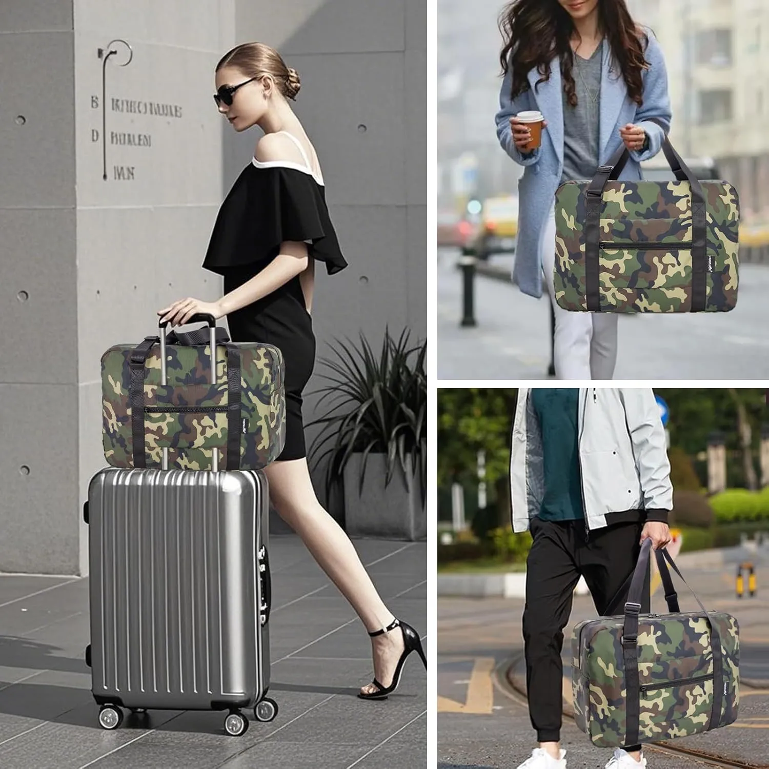Small Duffle Bag for Men Women, Mini Gym Bag Foldable Travel Tote Carry On Luggage with Trolley Sleeve, Green Camo