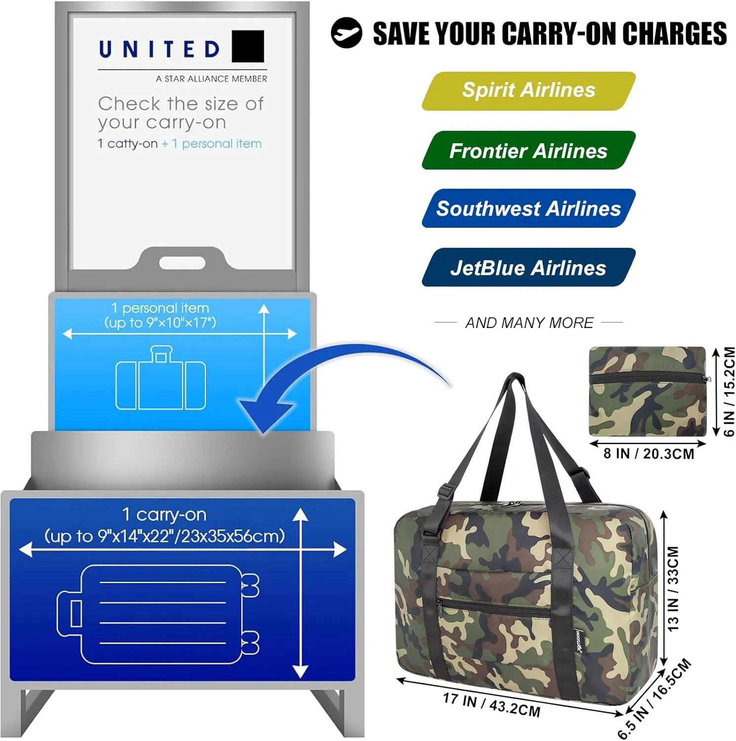 Small Duffle Bag for Men Women, Mini Gym Bag Foldable Travel Tote Carry On Luggage with Trolley Sleeve, Green Camo