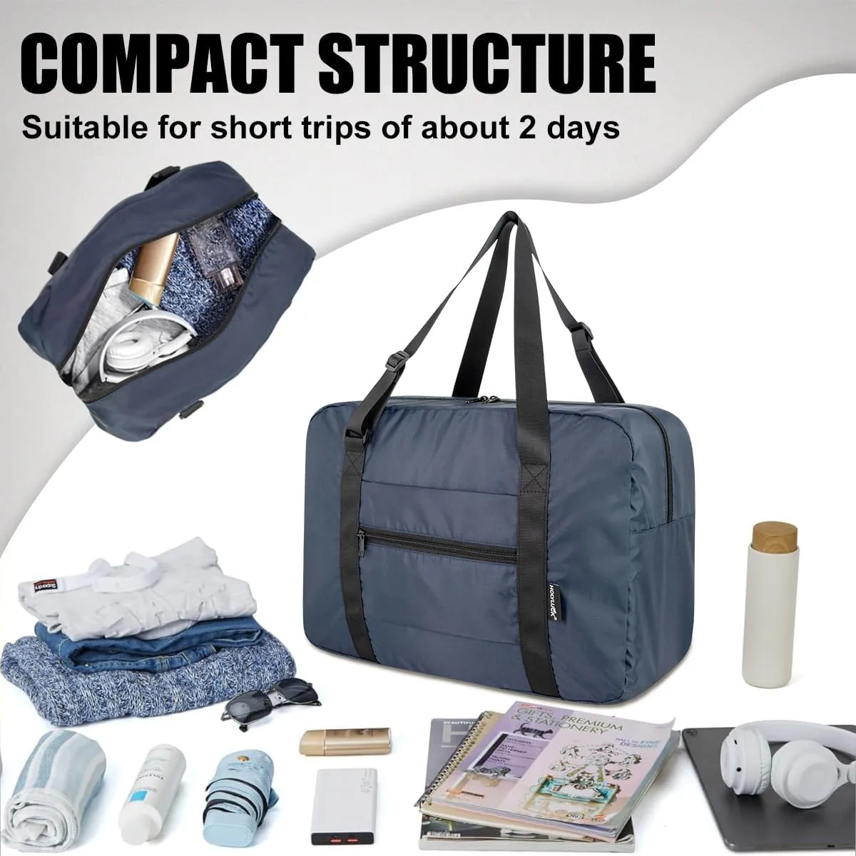 Small Duffle Bag for Men Women, Mini Gym Bag Foldable Travel Tote Carry On Luggage with Trolley Sleeve, Navy Blue