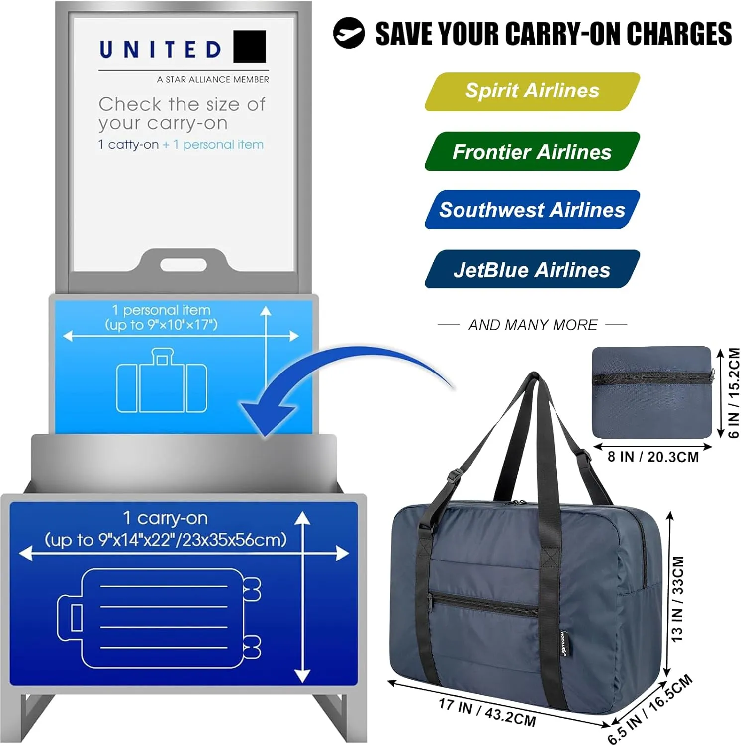 Small Duffle Bag for Men Women, Mini Gym Bag Foldable Travel Tote Carry On Luggage with Trolley Sleeve, Navy Blue