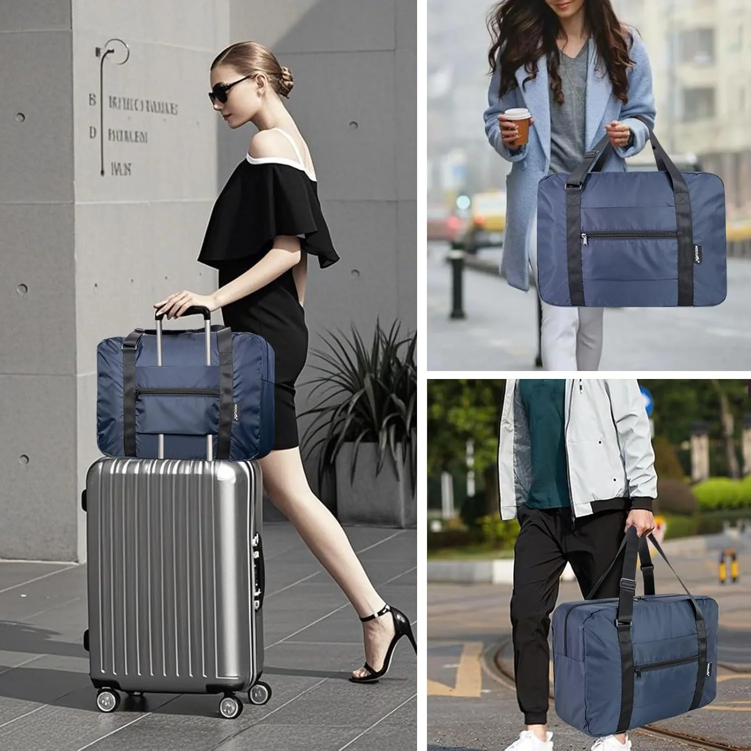 Small Duffle Bag for Men Women, Mini Gym Bag Foldable Travel Tote Carry On Luggage with Trolley Sleeve, Navy Blue