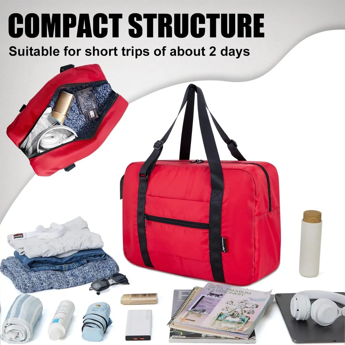 Small Duffle Bag for Men Women, Mini Gym Bag Foldable Travel Tote Carry On Luggage with Trolley Sleeve, Red