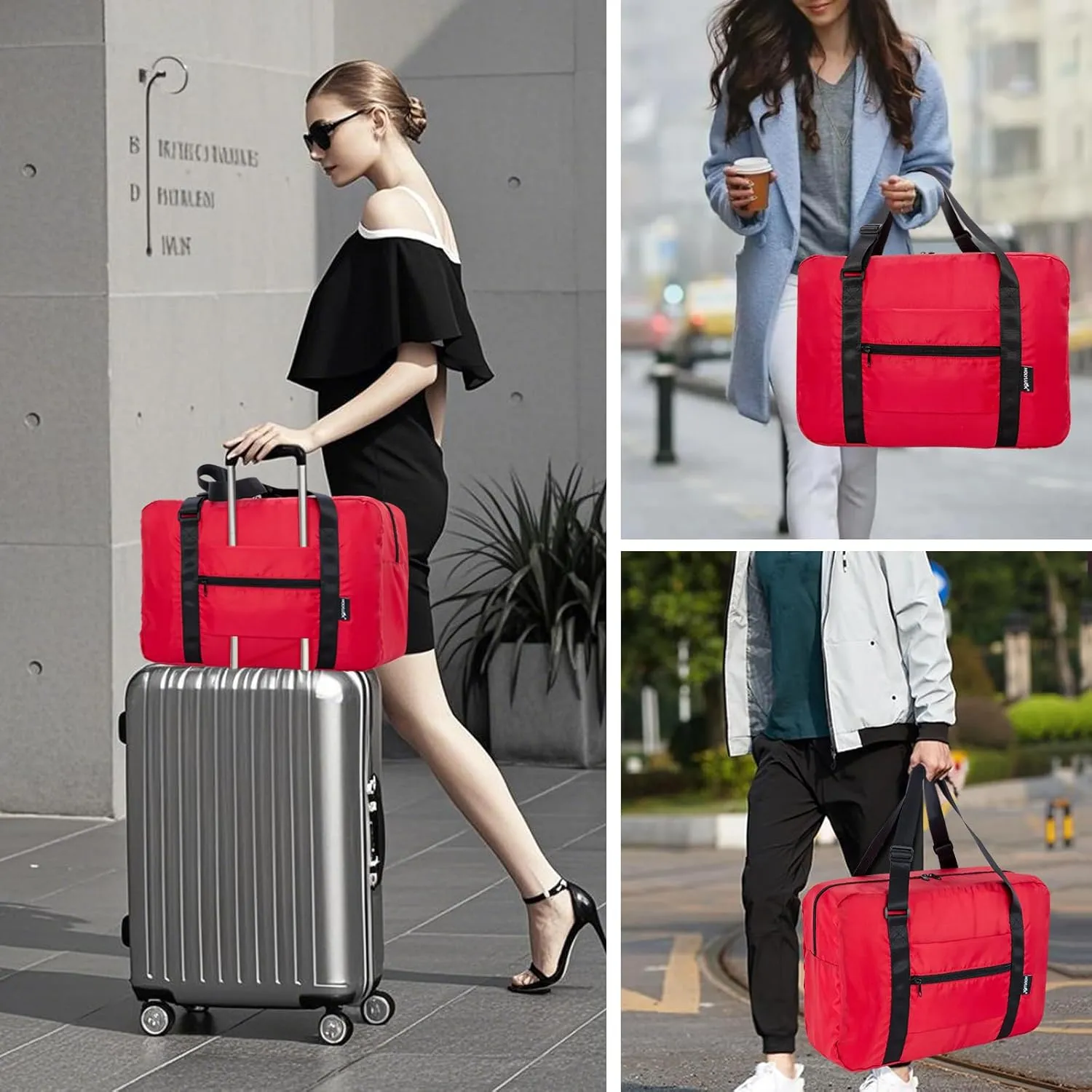 Small Duffle Bag for Men Women, Mini Gym Bag Foldable Travel Tote Carry On Luggage with Trolley Sleeve, Red