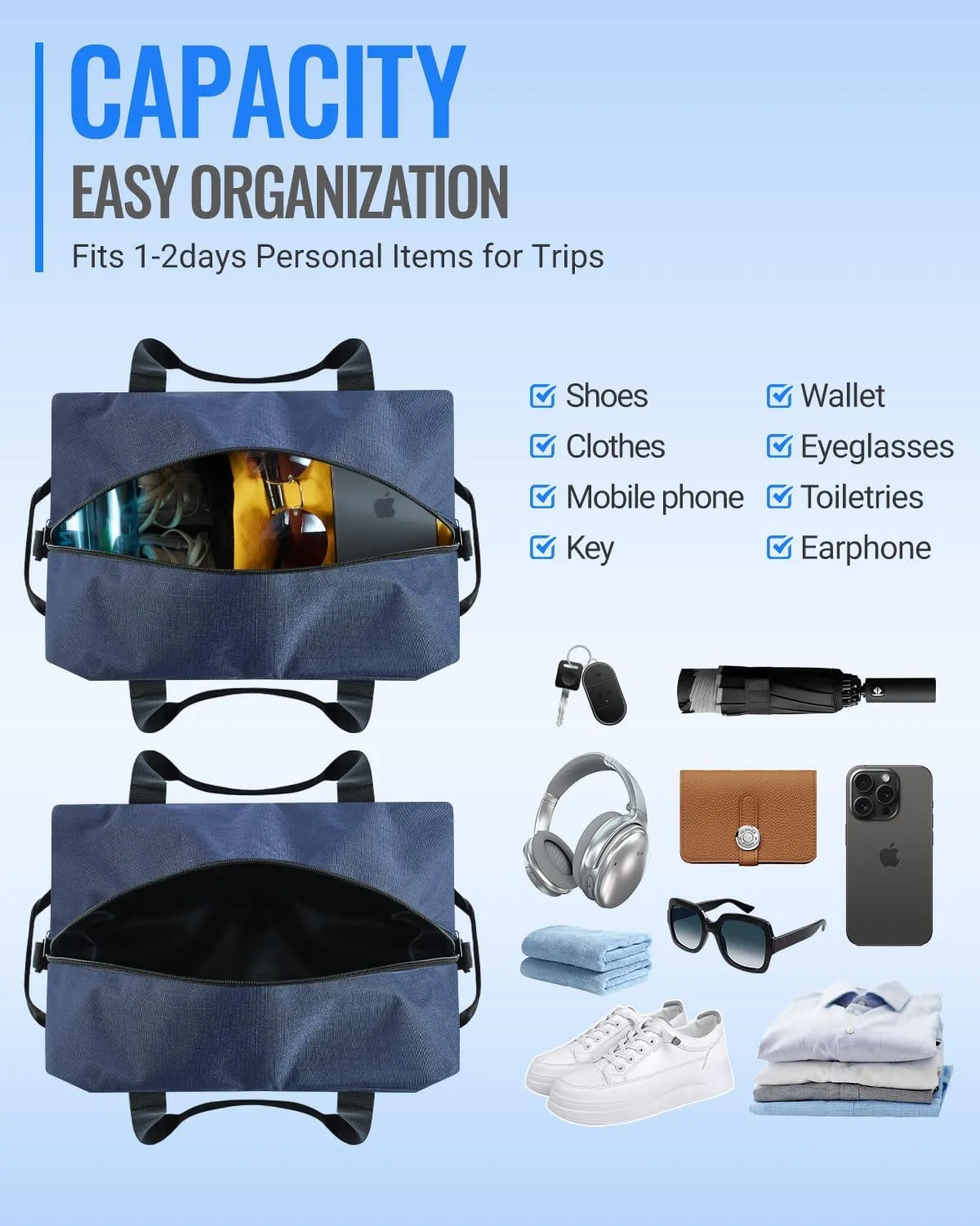 Small Gym Bag 14 inch, Mini Duffel Bag, Carry On Lightweight for Travel Sport, Small Duffle Bag for Men &Women - Navy Blue