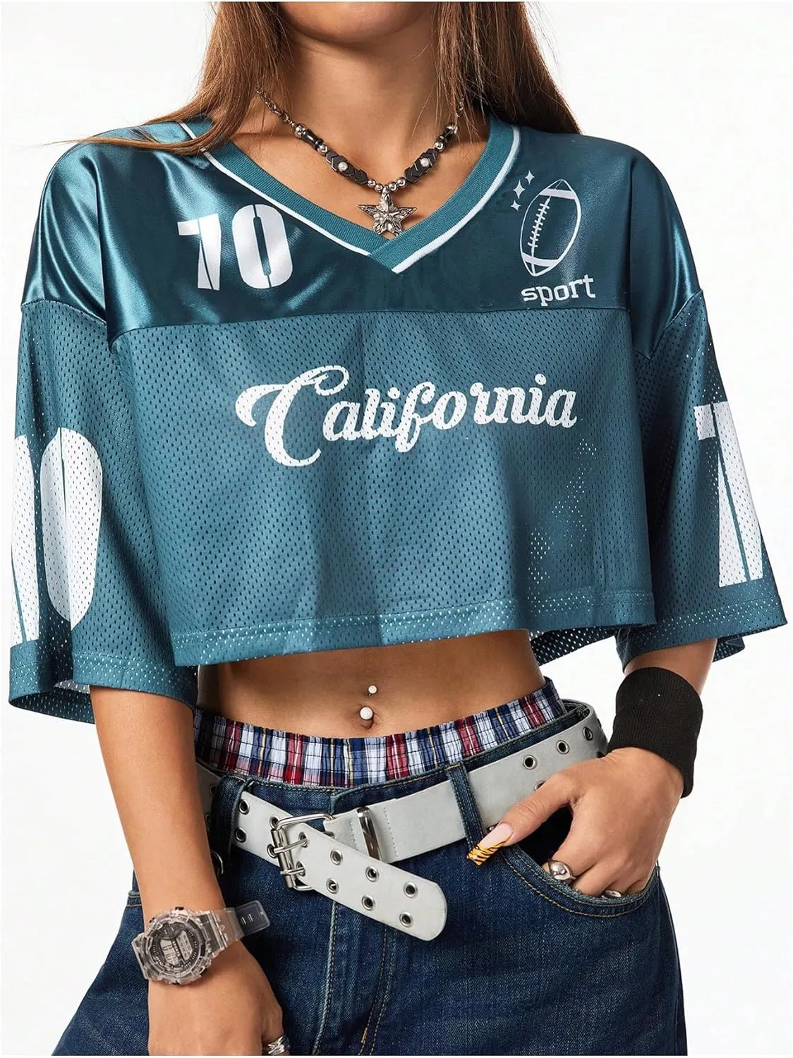 SOLY HUX Jersey Shirts for Women Y2k Crop Tops Streetwear Sportswear Short Sleeve T-Shirt Cute Football Jersey Top